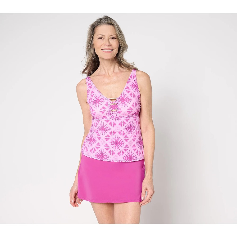 Susan Graver Soleil V-Neck Tankini with Skirt Fuchsia Shibori‎ 14  {#135-R